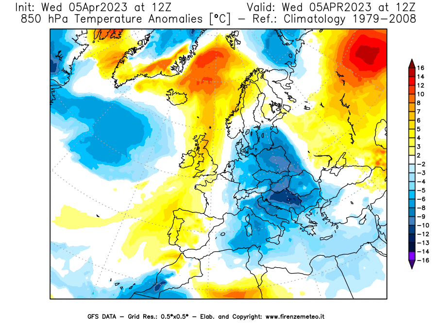 GFS analysi map - Temperature Anomalies [°C] at 850 hPa in Europe
									on 05/04/2023 12 <!--googleoff: index-->UTC<!--googleon: index-->