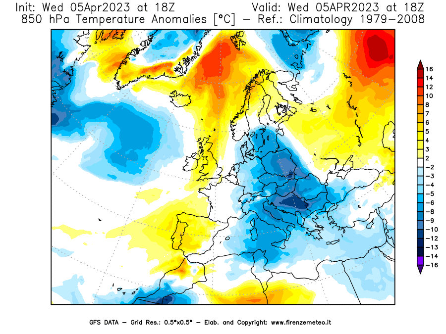 GFS analysi map - Temperature Anomalies [°C] at 850 hPa in Europe
									on 05/04/2023 18 <!--googleoff: index-->UTC<!--googleon: index-->