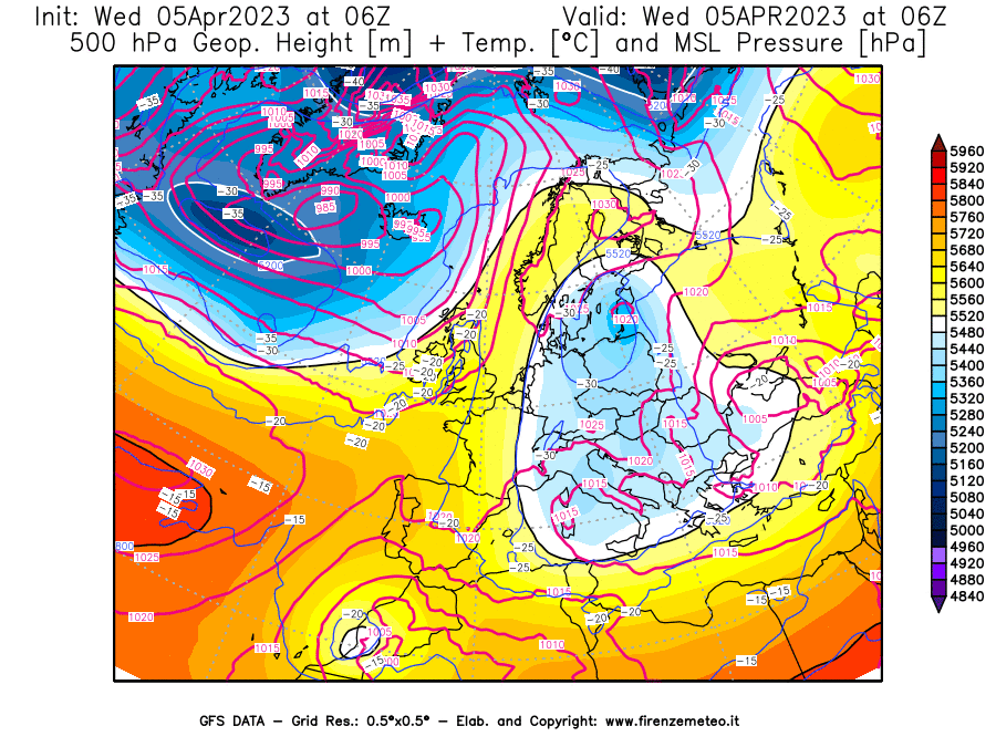 GFS analysi map - Geopotential [m] + Temp. [°C] at 500 hPa + Sea Level Pressure [hPa] in Europe
									on 05/04/2023 06 <!--googleoff: index-->UTC<!--googleon: index-->