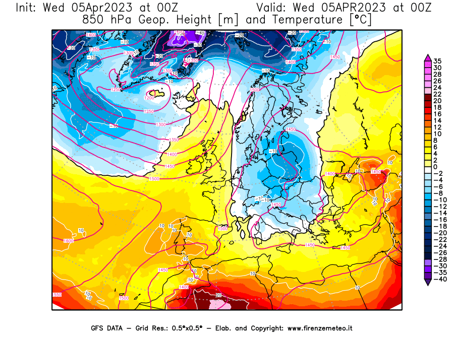 GFS analysi map - Geopotential [m] and Temperature [°C] at 850 hPa in Europe
									on 05/04/2023 00 <!--googleoff: index-->UTC<!--googleon: index-->