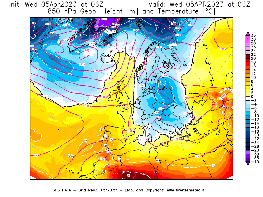 GFS analysi map - Geopotential [m] and Temperature [°C] at 850 hPa in Europe
									on 05/04/2023 06 <!--googleoff: index-->UTC<!--googleon: index-->