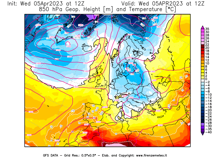 GFS analysi map - Geopotential [m] and Temperature [°C] at 850 hPa in Europe
									on 05/04/2023 12 <!--googleoff: index-->UTC<!--googleon: index-->