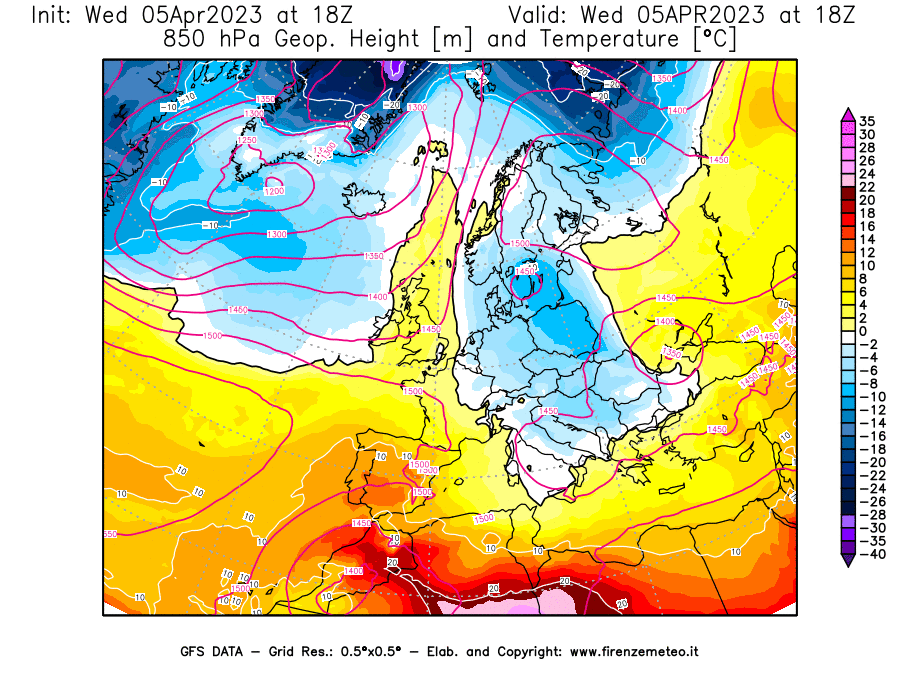 GFS analysi map - Geopotential [m] and Temperature [°C] at 850 hPa in Europe
									on 05/04/2023 18 <!--googleoff: index-->UTC<!--googleon: index-->