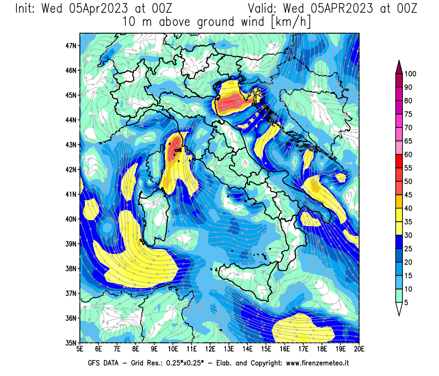 GFS analysi map - Wind Speed at 10 m above ground [km/h] in Italy
									on 05/04/2023 00 <!--googleoff: index-->UTC<!--googleon: index-->