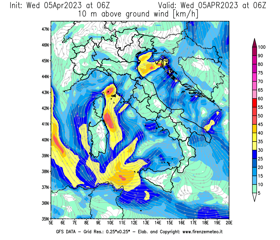 GFS analysi map - Wind Speed at 10 m above ground [km/h] in Italy
									on 05/04/2023 06 <!--googleoff: index-->UTC<!--googleon: index-->