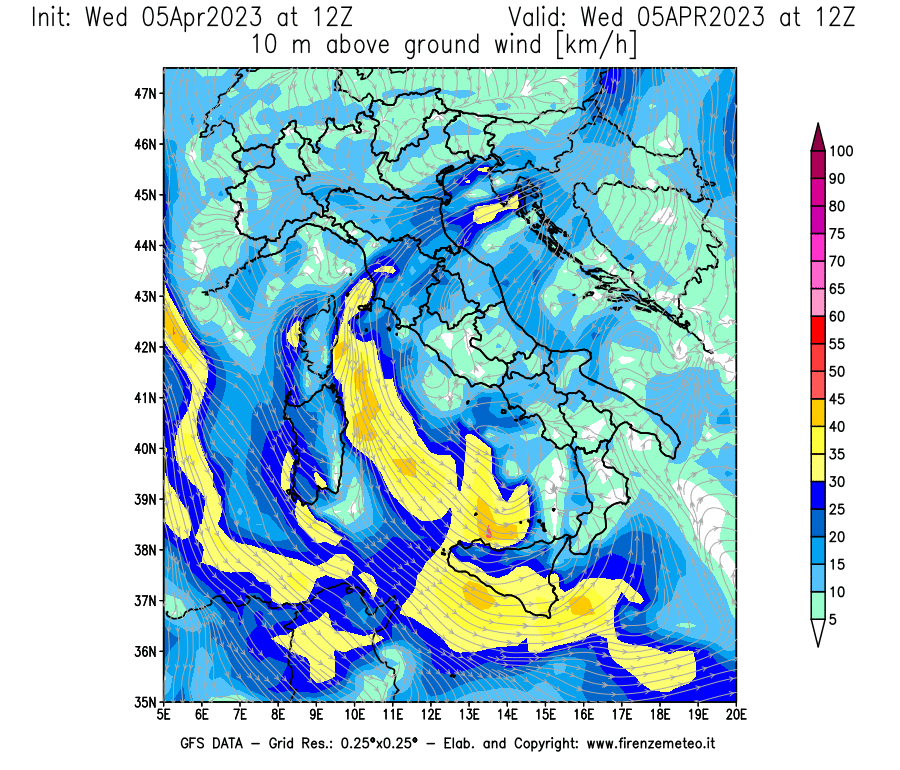 GFS analysi map - Wind Speed at 10 m above ground [km/h] in Italy
									on 05/04/2023 12 <!--googleoff: index-->UTC<!--googleon: index-->