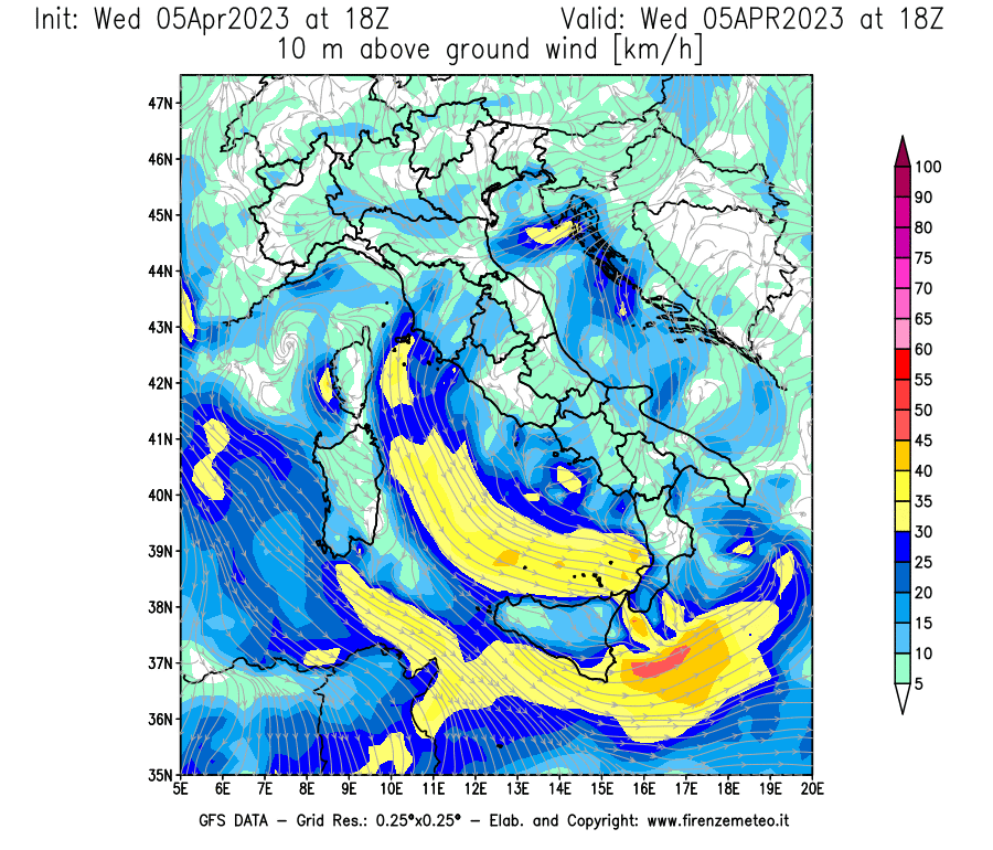 GFS analysi map - Wind Speed at 10 m above ground [km/h] in Italy
									on 05/04/2023 18 <!--googleoff: index-->UTC<!--googleon: index-->