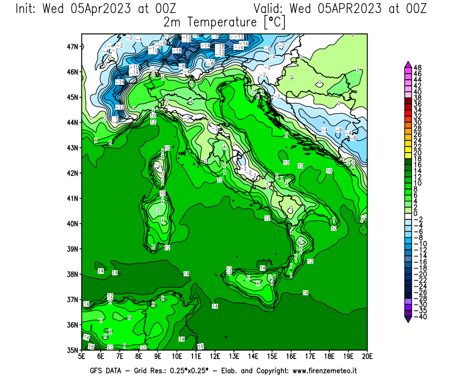 GFS analysi map - Temperature at 2 m above ground [°C] in Italy
									on 05/04/2023 00 <!--googleoff: index-->UTC<!--googleon: index-->