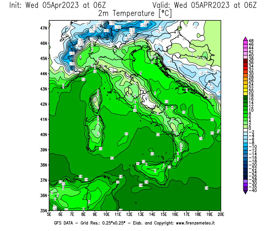 GFS analysi map - Temperature at 2 m above ground [°C] in Italy
									on 05/04/2023 06 <!--googleoff: index-->UTC<!--googleon: index-->