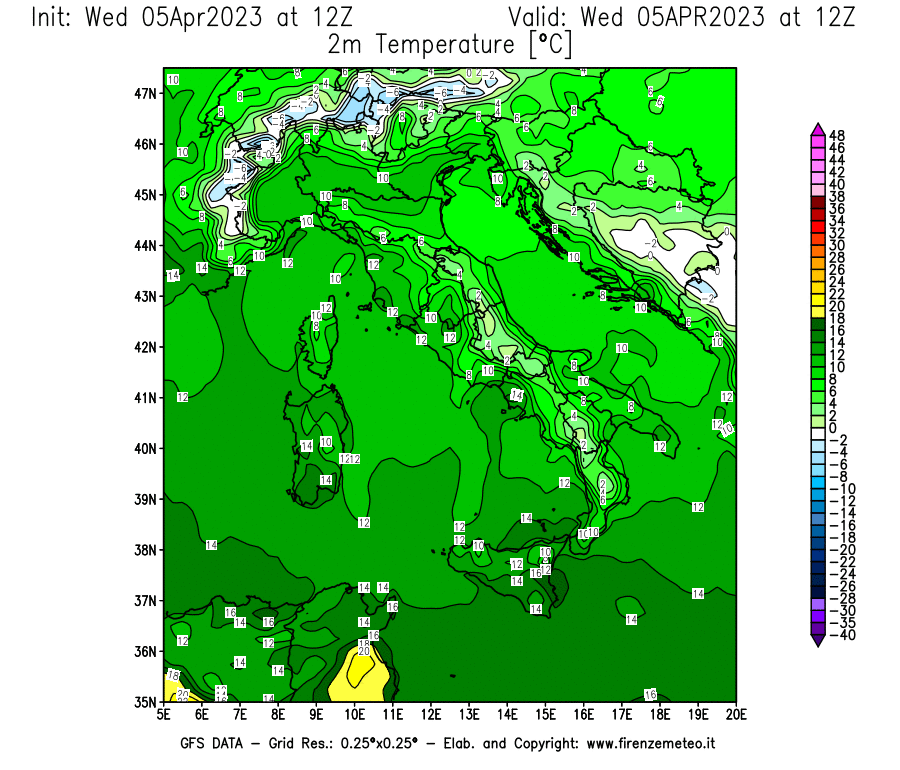 GFS analysi map - Temperature at 2 m above ground [°C] in Italy
									on 05/04/2023 12 <!--googleoff: index-->UTC<!--googleon: index-->