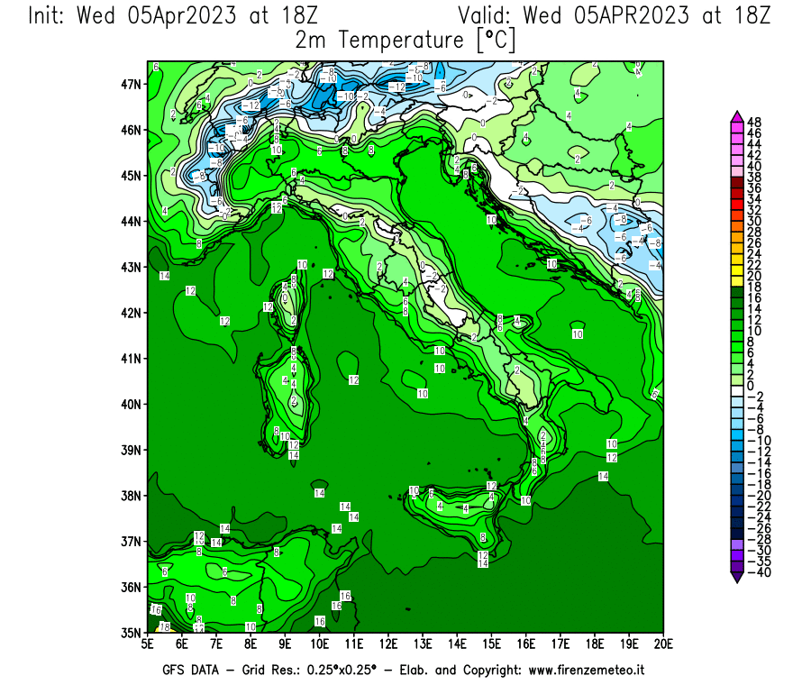 GFS analysi map - Temperature at 2 m above ground [°C] in Italy
									on 05/04/2023 18 <!--googleoff: index-->UTC<!--googleon: index-->