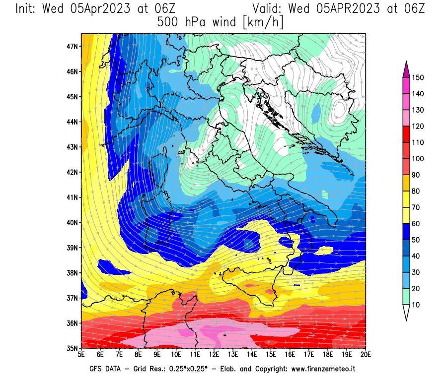 GFS analysi map - Wind Speed at 500 hPa [km/h] in Italy
									on 05/04/2023 06 <!--googleoff: index-->UTC<!--googleon: index-->