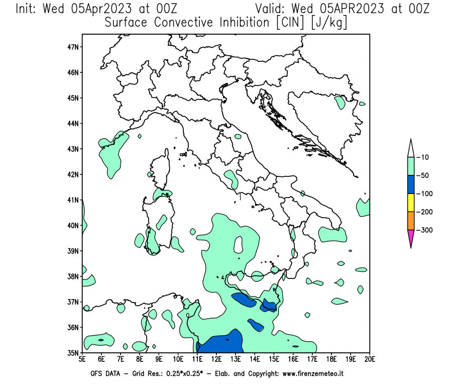GFS analysi map - CIN [J/kg] in Italy
									on 05/04/2023 00 <!--googleoff: index-->UTC<!--googleon: index-->