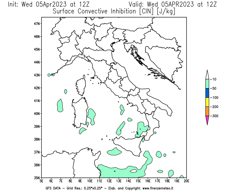 GFS analysi map - CIN [J/kg] in Italy
									on 05/04/2023 12 <!--googleoff: index-->UTC<!--googleon: index-->