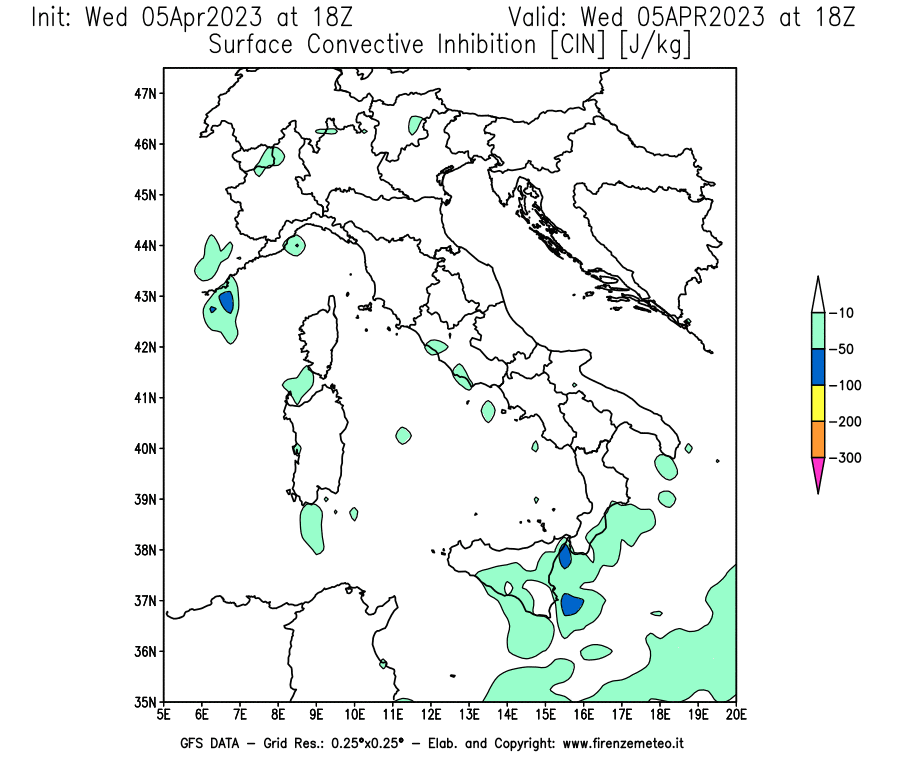 GFS analysi map - CIN [J/kg] in Italy
									on 05/04/2023 18 <!--googleoff: index-->UTC<!--googleon: index-->