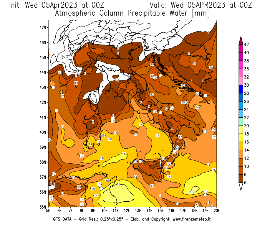GFS analysi map - Precipitable Water [mm] in Italy
									on 05/04/2023 00 <!--googleoff: index-->UTC<!--googleon: index-->