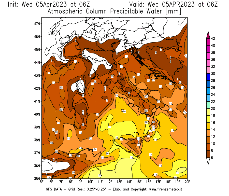 GFS analysi map - Precipitable Water [mm] in Italy
									on 05/04/2023 06 <!--googleoff: index-->UTC<!--googleon: index-->
