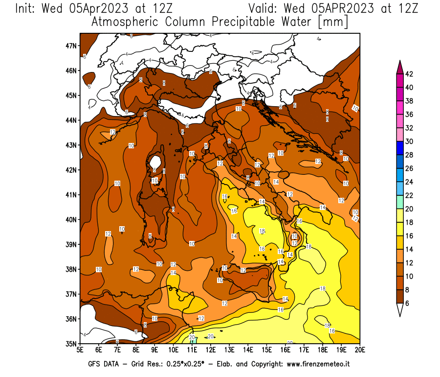 GFS analysi map - Precipitable Water [mm] in Italy
									on 05/04/2023 12 <!--googleoff: index-->UTC<!--googleon: index-->