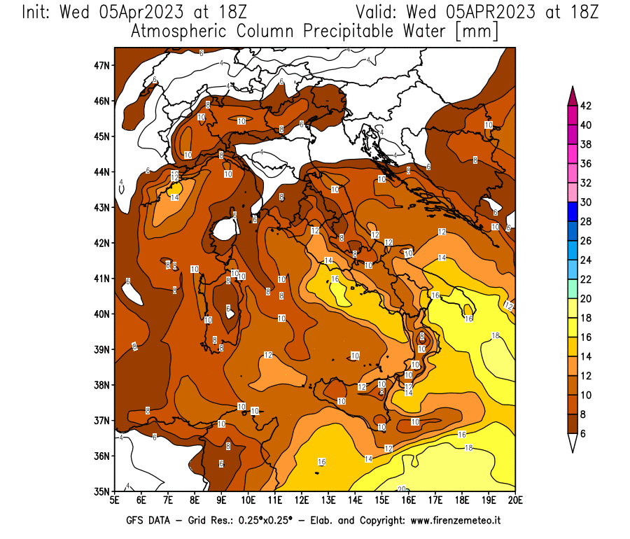 GFS analysi map - Precipitable Water [mm] in Italy
									on 05/04/2023 18 <!--googleoff: index-->UTC<!--googleon: index-->