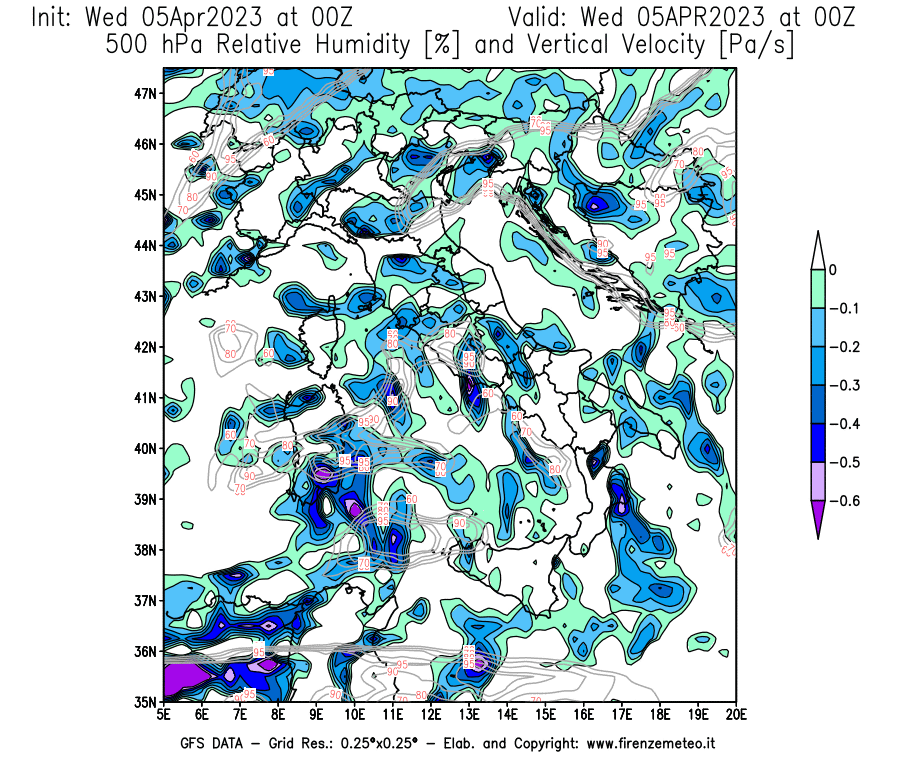 GFS analysi map - Relative Umidity [%] and Omega [Pa/s] at 500 hPa in Italy
									on 05/04/2023 00 <!--googleoff: index-->UTC<!--googleon: index-->