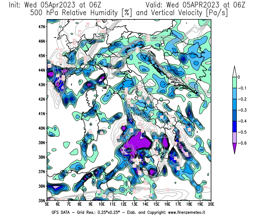 GFS analysi map - Relative Umidity [%] and Omega [Pa/s] at 500 hPa in Italy
									on 05/04/2023 06 <!--googleoff: index-->UTC<!--googleon: index-->