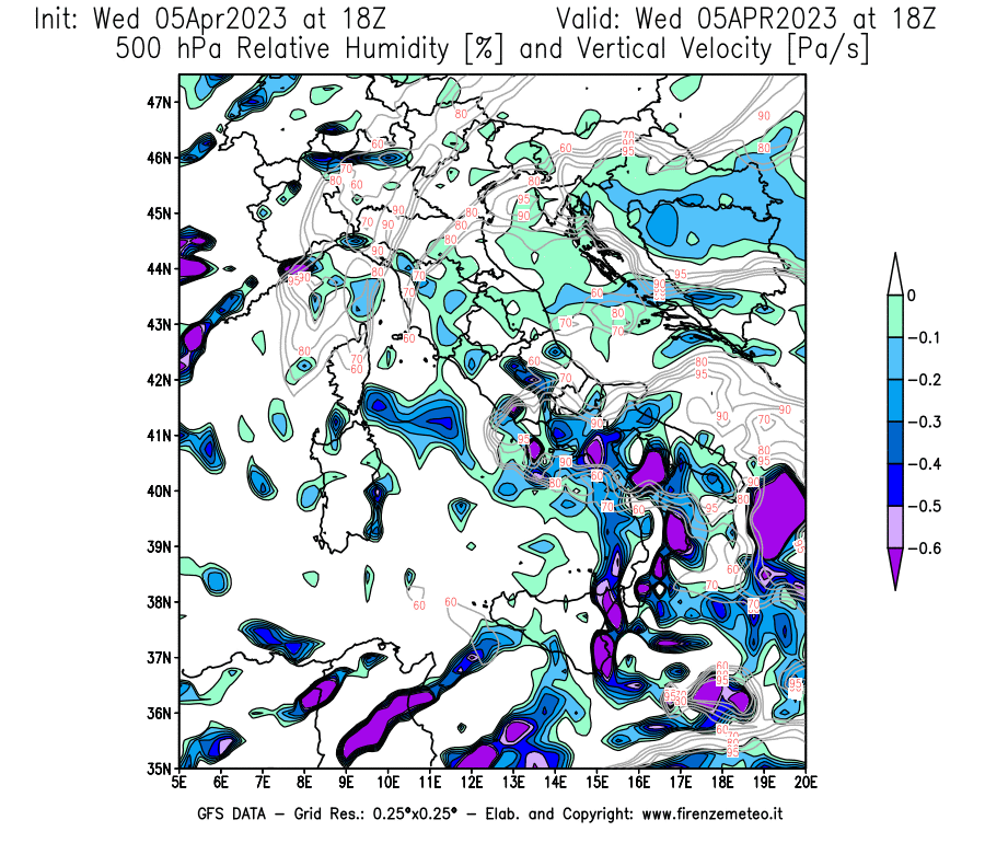 GFS analysi map - Relative Umidity [%] and Omega [Pa/s] at 500 hPa in Italy
									on 05/04/2023 18 <!--googleoff: index-->UTC<!--googleon: index-->