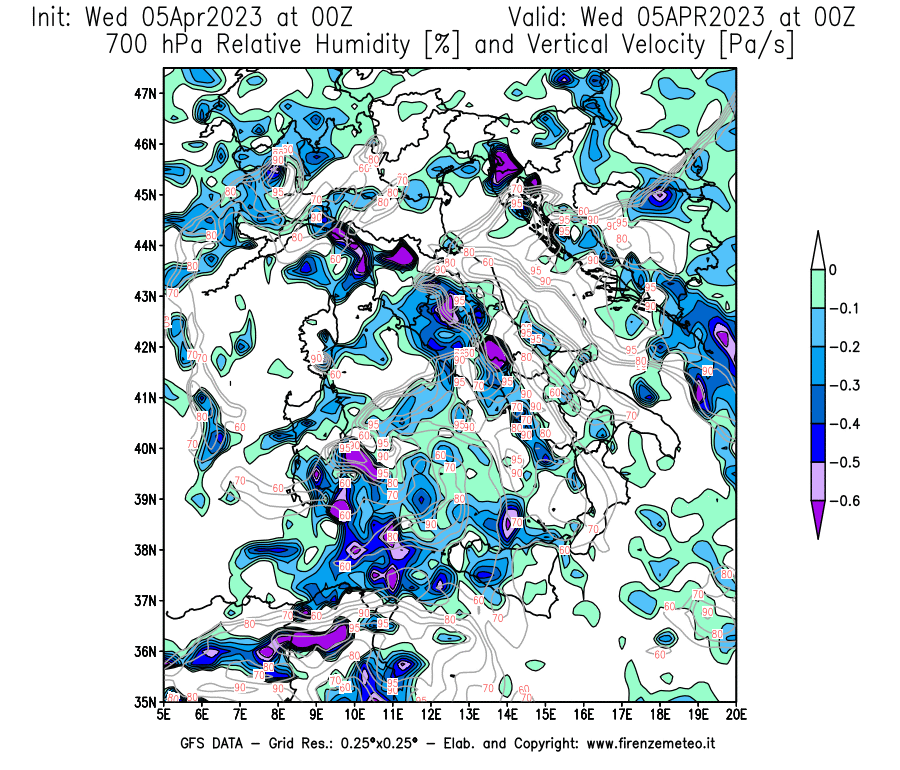GFS analysi map - Relative Umidity [%] and Omega [Pa/s] at 700 hPa in Italy
									on 05/04/2023 00 <!--googleoff: index-->UTC<!--googleon: index-->
