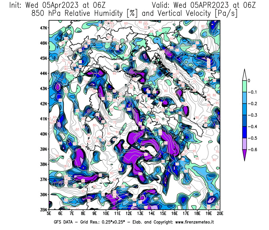 GFS analysi map - Relative Umidity [%] and Omega [Pa/s] at 850 hPa in Italy
									on 05/04/2023 06 <!--googleoff: index-->UTC<!--googleon: index-->
