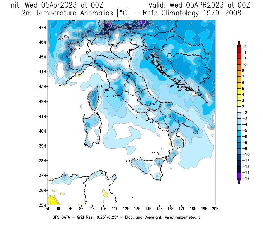GFS analysi map - Temperature Anomalies [°C] at 2 m in Italy
									on 05/04/2023 00 <!--googleoff: index-->UTC<!--googleon: index-->
