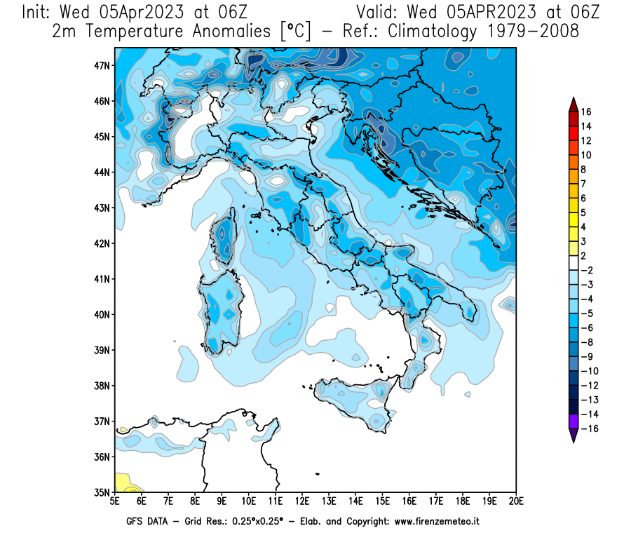 GFS analysi map - Temperature Anomalies [°C] at 2 m in Italy
									on 05/04/2023 06 <!--googleoff: index-->UTC<!--googleon: index-->