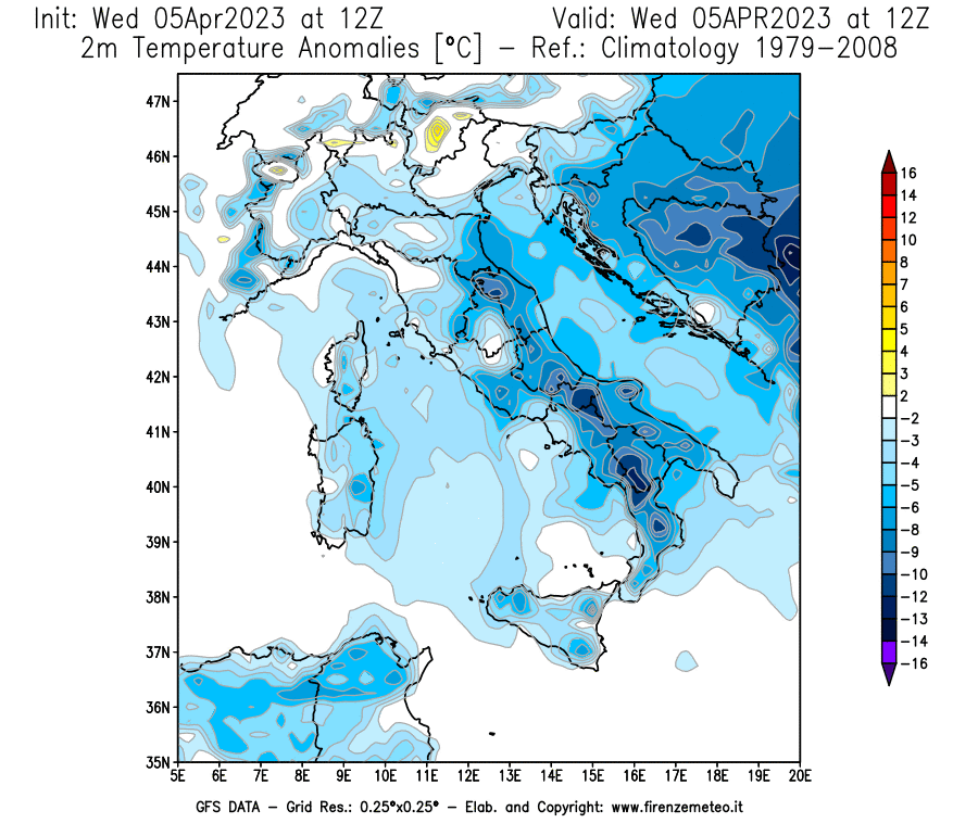 GFS analysi map - Temperature Anomalies [°C] at 2 m in Italy
									on 05/04/2023 12 <!--googleoff: index-->UTC<!--googleon: index-->