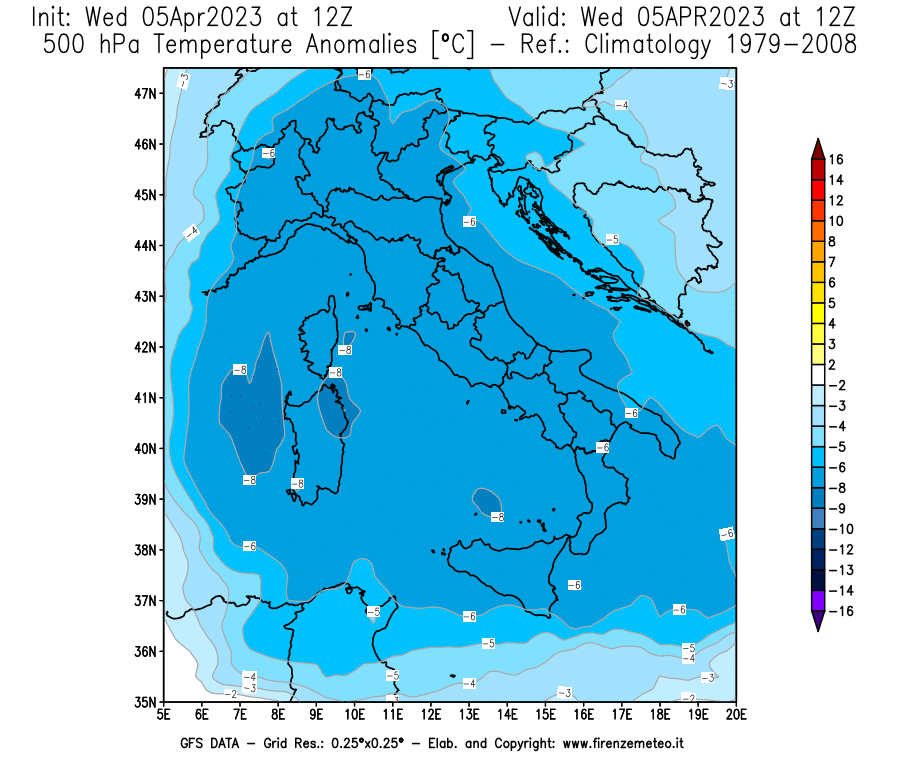 GFS analysi map - Temperature Anomalies [°C] at 500 hPa in Italy
									on 05/04/2023 12 <!--googleoff: index-->UTC<!--googleon: index-->