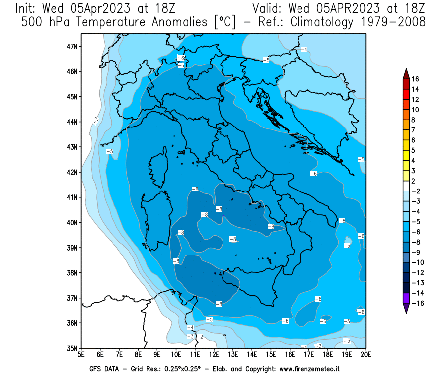 GFS analysi map - Temperature Anomalies [°C] at 500 hPa in Italy
									on 05/04/2023 18 <!--googleoff: index-->UTC<!--googleon: index-->