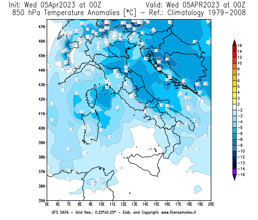 GFS analysi map - Temperature Anomalies [°C] at 850 hPa in Italy
									on 05/04/2023 00 <!--googleoff: index-->UTC<!--googleon: index-->