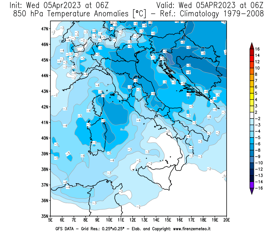 GFS analysi map - Temperature Anomalies [°C] at 850 hPa in Italy
									on 05/04/2023 06 <!--googleoff: index-->UTC<!--googleon: index-->