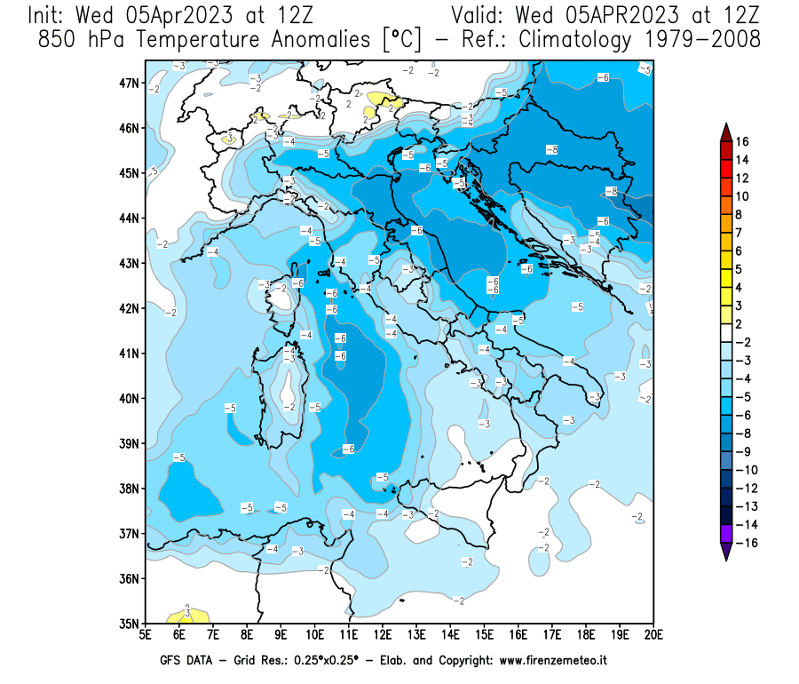 GFS analysi map - Temperature Anomalies [°C] at 850 hPa in Italy
									on 05/04/2023 12 <!--googleoff: index-->UTC<!--googleon: index-->