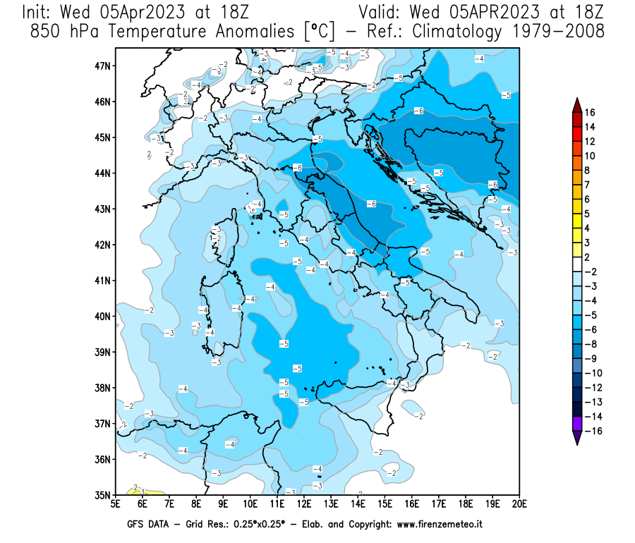 GFS analysi map - Temperature Anomalies [°C] at 850 hPa in Italy
									on 05/04/2023 18 <!--googleoff: index-->UTC<!--googleon: index-->