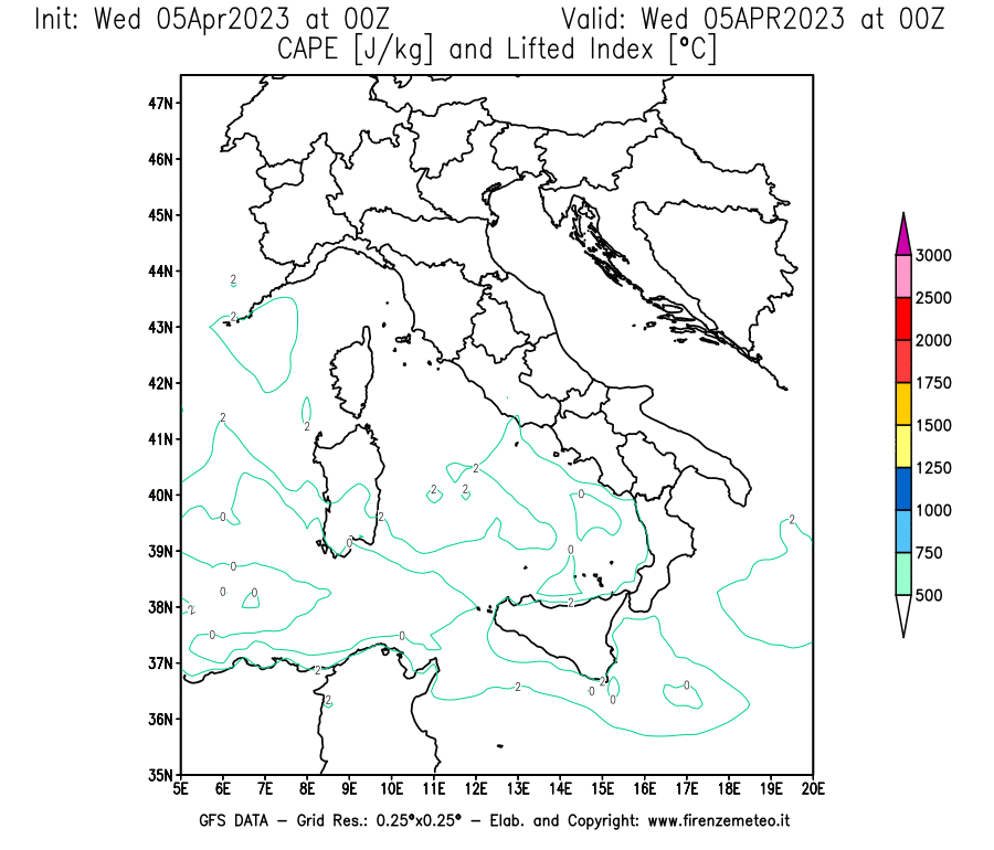 GFS analysi map - CAPE [J/kg] and Lifted Index [°C] in Italy
									on 05/04/2023 00 <!--googleoff: index-->UTC<!--googleon: index-->