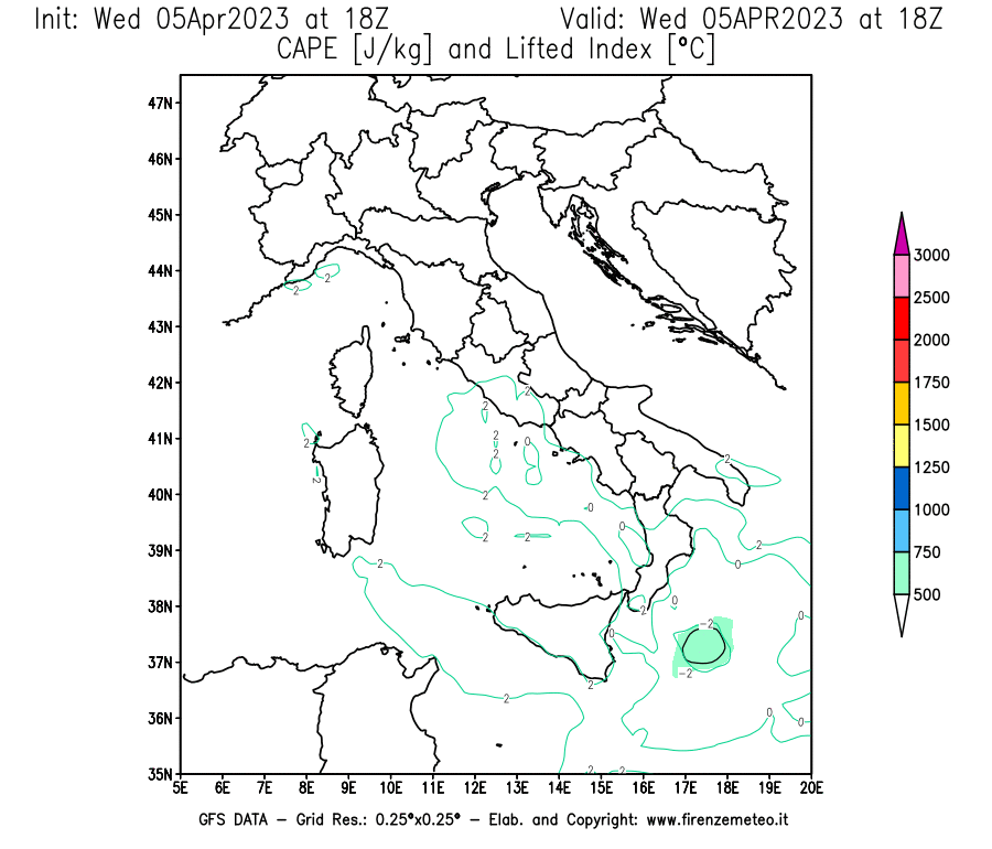 GFS analysi map - CAPE [J/kg] and Lifted Index [°C] in Italy
									on 05/04/2023 18 <!--googleoff: index-->UTC<!--googleon: index-->