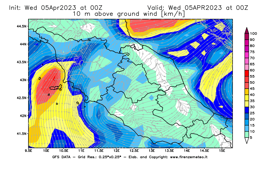 GFS analysi map - Wind Speed at 10 m above ground [km/h] in Central Italy
									on 05/04/2023 00 <!--googleoff: index-->UTC<!--googleon: index-->