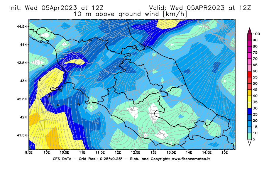 GFS analysi map - Wind Speed at 10 m above ground [km/h] in Central Italy
									on 05/04/2023 12 <!--googleoff: index-->UTC<!--googleon: index-->