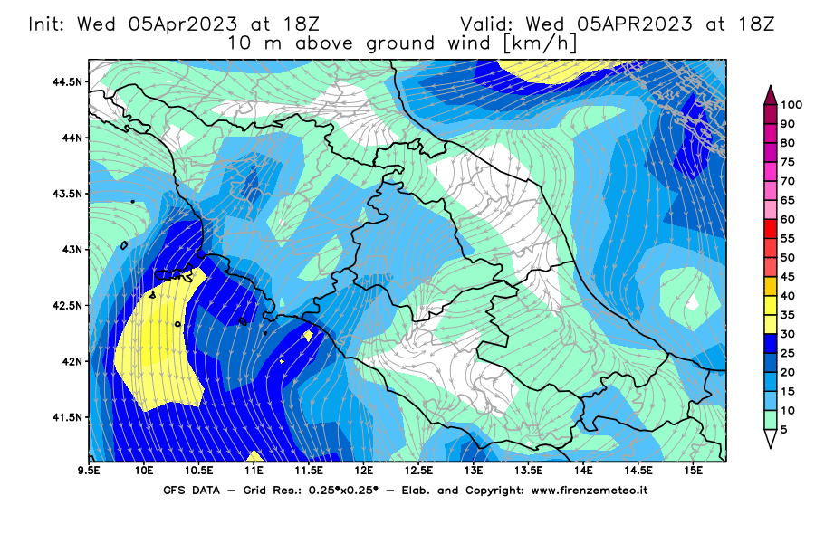GFS analysi map - Wind Speed at 10 m above ground [km/h] in Central Italy
									on 05/04/2023 18 <!--googleoff: index-->UTC<!--googleon: index-->