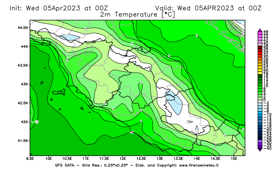 GFS analysi map - Temperature at 2 m above ground [°C] in Central Italy
									on 05/04/2023 00 <!--googleoff: index-->UTC<!--googleon: index-->