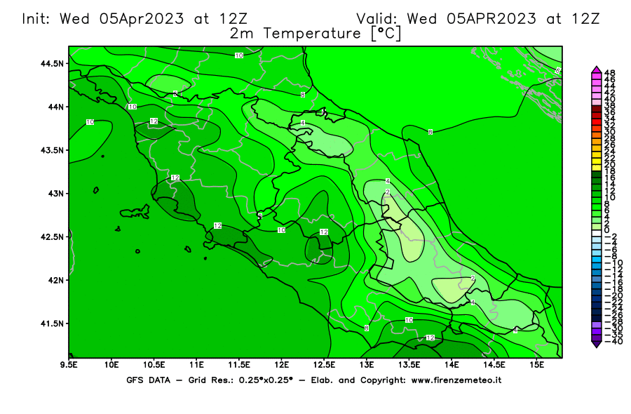 GFS analysi map - Temperature at 2 m above ground [°C] in Central Italy
									on 05/04/2023 12 <!--googleoff: index-->UTC<!--googleon: index-->