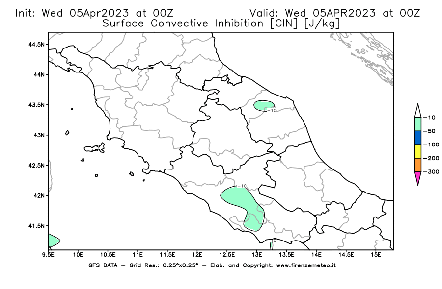 GFS analysi map - CIN [J/kg] in Central Italy
									on 05/04/2023 00 <!--googleoff: index-->UTC<!--googleon: index-->