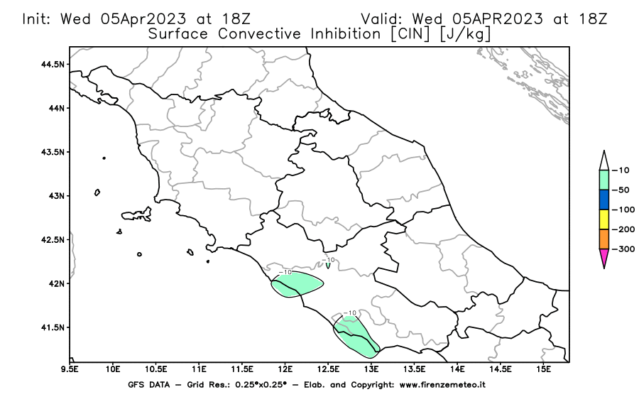 GFS analysi map - CIN [J/kg] in Central Italy
									on 05/04/2023 18 <!--googleoff: index-->UTC<!--googleon: index-->