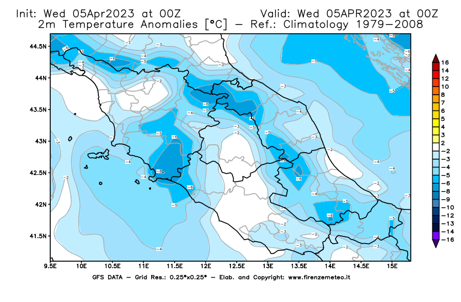 GFS analysi map - Temperature Anomalies [°C] at 2 m in Central Italy
									on 05/04/2023 00 <!--googleoff: index-->UTC<!--googleon: index-->