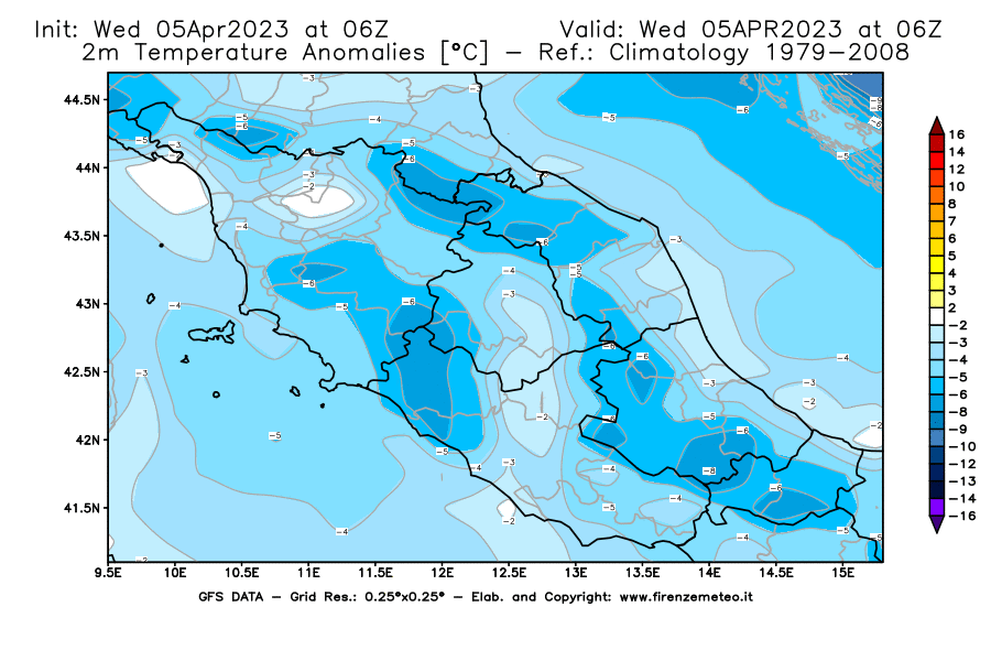 GFS analysi map - Temperature Anomalies [°C] at 2 m in Central Italy
									on 05/04/2023 06 <!--googleoff: index-->UTC<!--googleon: index-->