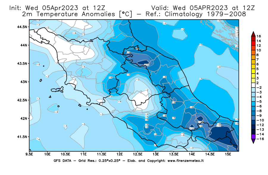 GFS analysi map - Temperature Anomalies [°C] at 2 m in Central Italy
									on 05/04/2023 12 <!--googleoff: index-->UTC<!--googleon: index-->