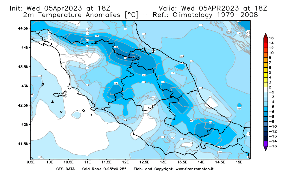 GFS analysi map - Temperature Anomalies [°C] at 2 m in Central Italy
									on 05/04/2023 18 <!--googleoff: index-->UTC<!--googleon: index-->